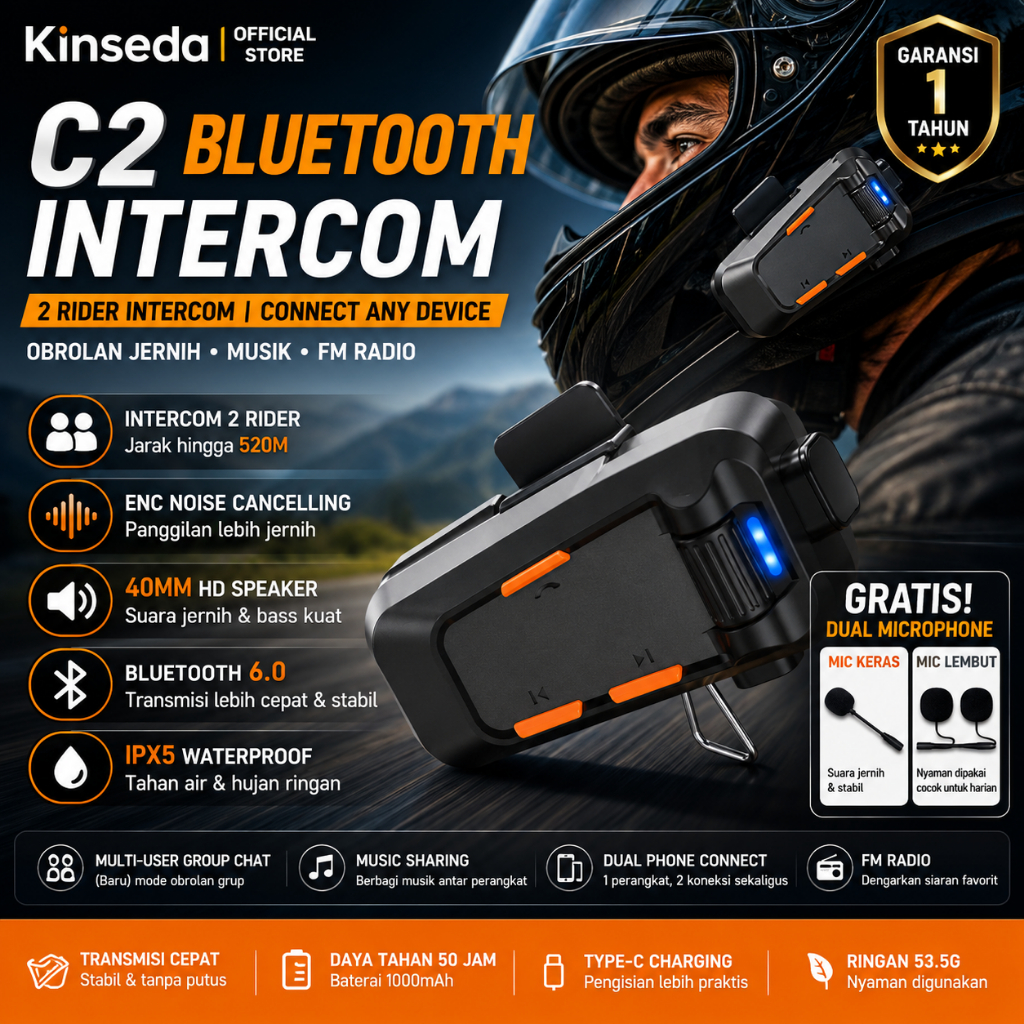 Jual KINSEDA C2 Intercom Helm Bluetooth Bonus Soft Mic dan Hard Mic ...