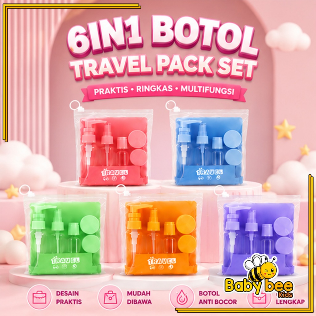 Botol Travel Pack 6 in 1 Tempat Refill Sabun Shampoo Cair Lotion Kosmetik Skincare Sunscreen Wajah Perlengkapan Travel Sport Bag Wadah Isi Ulang Set Mini Praktis Pouch Botol Liburan Anti Tumpah