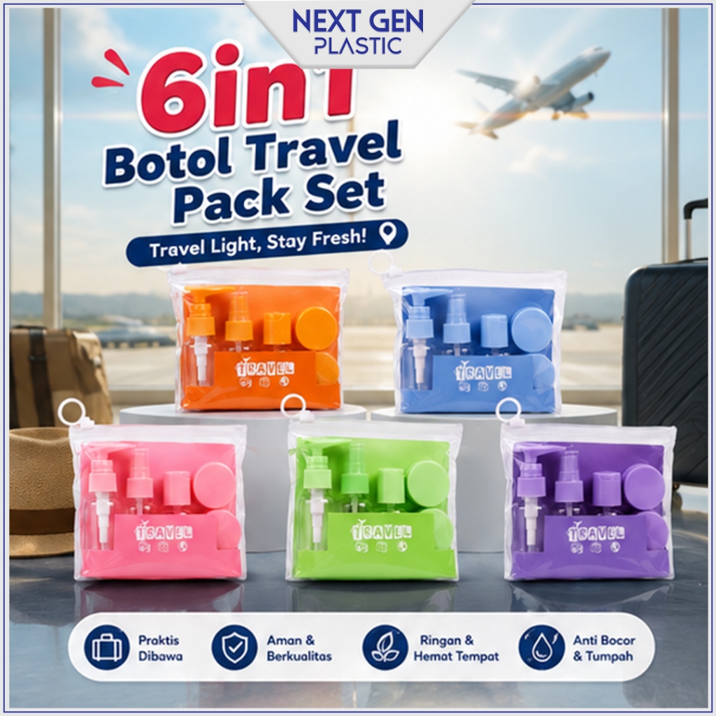 Travel Kit Botol Refill Set 6 in 1 Tempat Refill Tas Botol Wadah Isi Ulang Sabun Shampoo Cair Lotion Kosmetik Skincare Sunscreen Wajah Perlengkapan Travel Sport Bag Set Mini Praktis Pouch Botol Liburan Anti Tumpah