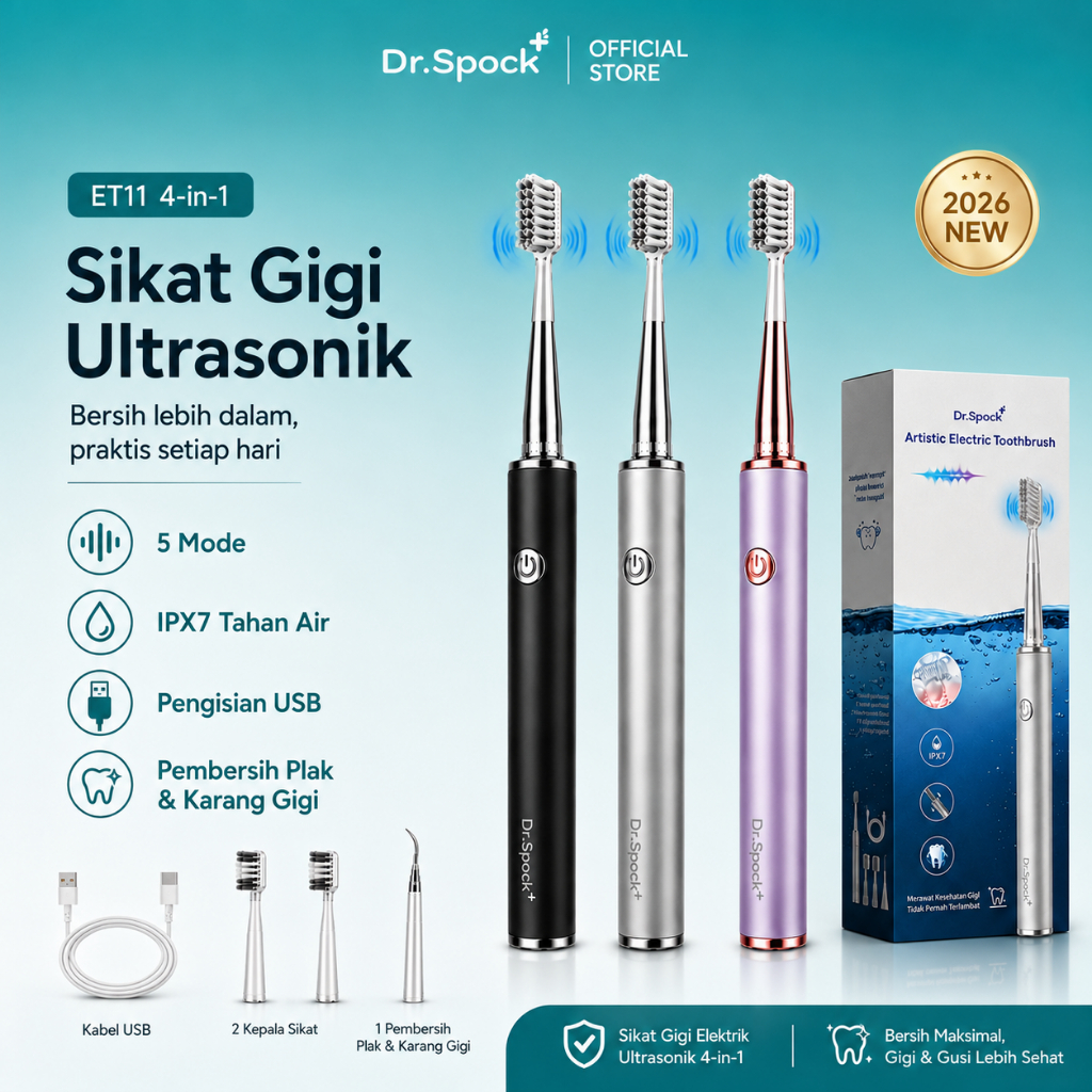 Dr.Spock ET11 Sikat Gigi Elektrik Ultrasonic 4-in-1 38000 RPM 5 Mode IPX7 USB Rechargeable