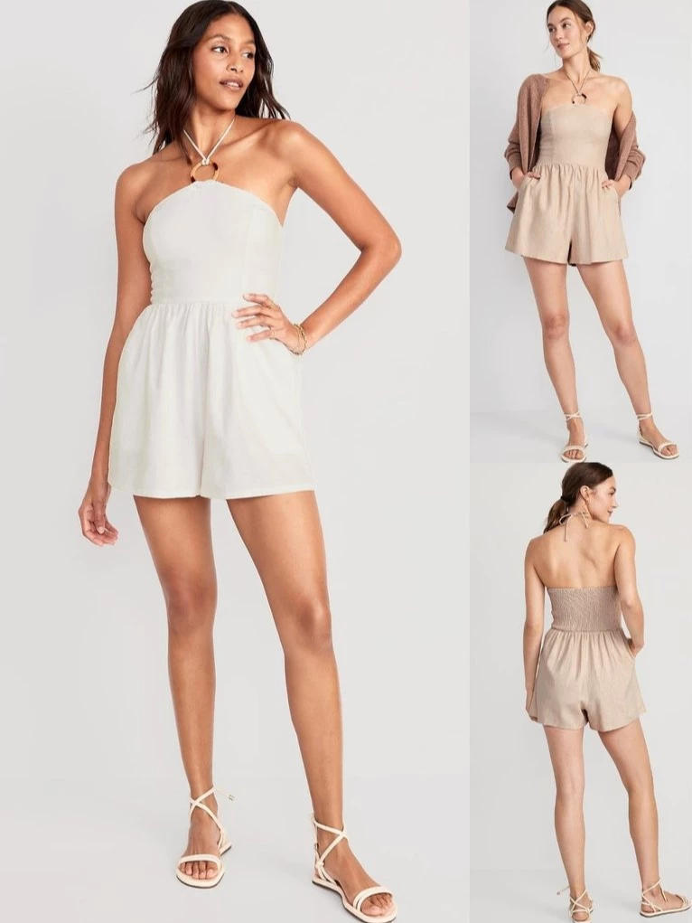 OLN Linen-Blend O-Ring Halter Romper - 2232