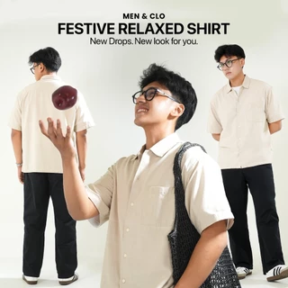 Men & Clo Festive Relaxed Shirt | Kemeja Pria Basic Lengan Pendek Oversized Katun Slub 73633