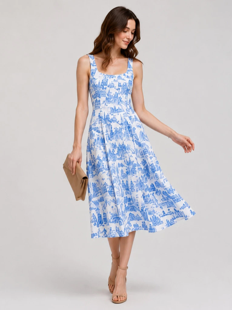 Midi Dress Wanita Motif Print Mewah KL Sleeveless Scoop-Neck Dress - 3177