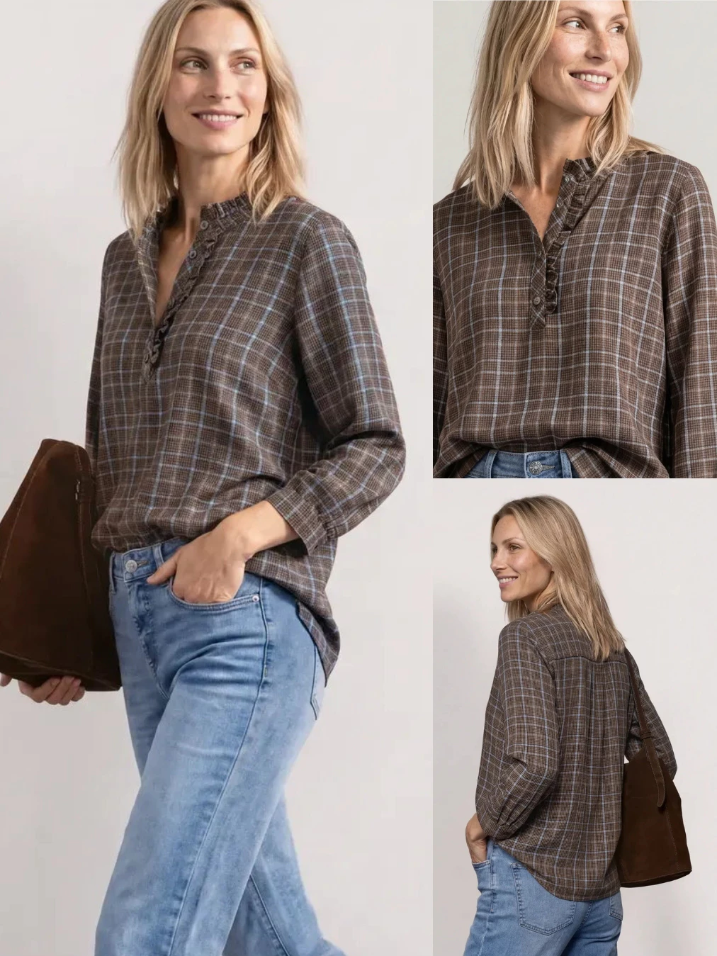 Blus Lengan Panjang Wanita STR Plaid Ruffle-Neck Blouse - 3199