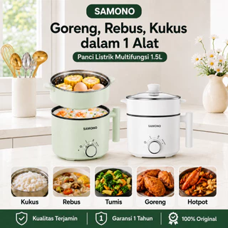 SAMONO Panci Listrik Multifungsi Anti Lengket 1.5L Kukusan Stainless Panci Hotpot Serbaguna Steamer Hemat Listrik Tutup Kaca DG04S Garansi