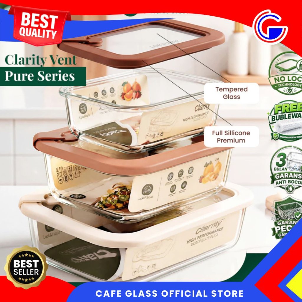 Food Container Kaca Clarity Kedap Udara - Wadah Makanan Anti Bocor - Lunch Box Kaca Meal Prep Microwave