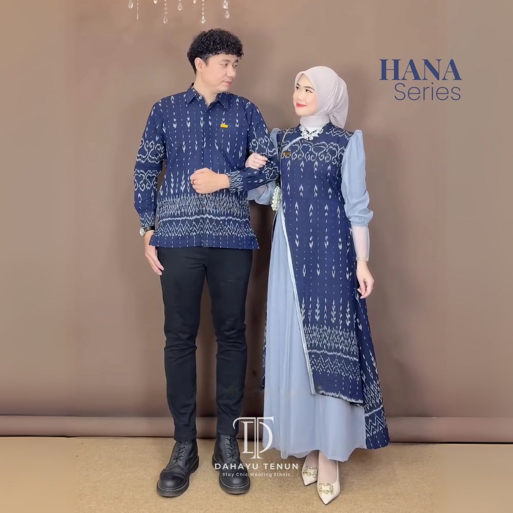 DAHAYU - HANA Set Baju Couple Pasangan Tenun Etnik Kombinasi Katun Tile Premium Kondangan Mewah Navy