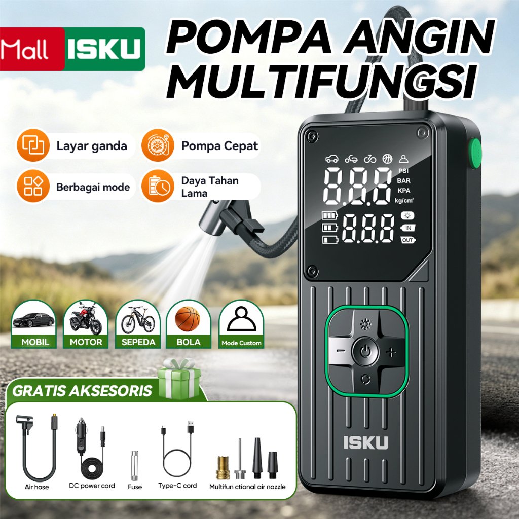 ISKU Pompa Ban Motor Mobil  Elektrik Portable Layar Ganda – Auto Stop, Digital, Cocok untuk Mobil Motor Sepeda Bola