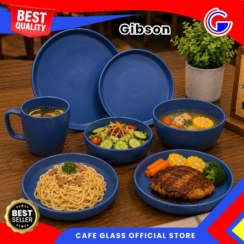 Dinner Set Keramik Gibson - Blue Tableware Premium Untuk Cafe Restoran Hotel - Piring Mangkok Gelas Tebal Biru Series