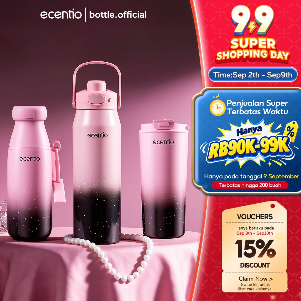 [Black Pink ] ecentio Tumbler Stainless Portable Botol Minum Aesthetic Anti Bocor 510ml 530ml 1000ml Dingin Tahan Lama 24 Jam Hangat hingga 14 Jam Starry Gradient Series untuk Harian Kantor Sekolah