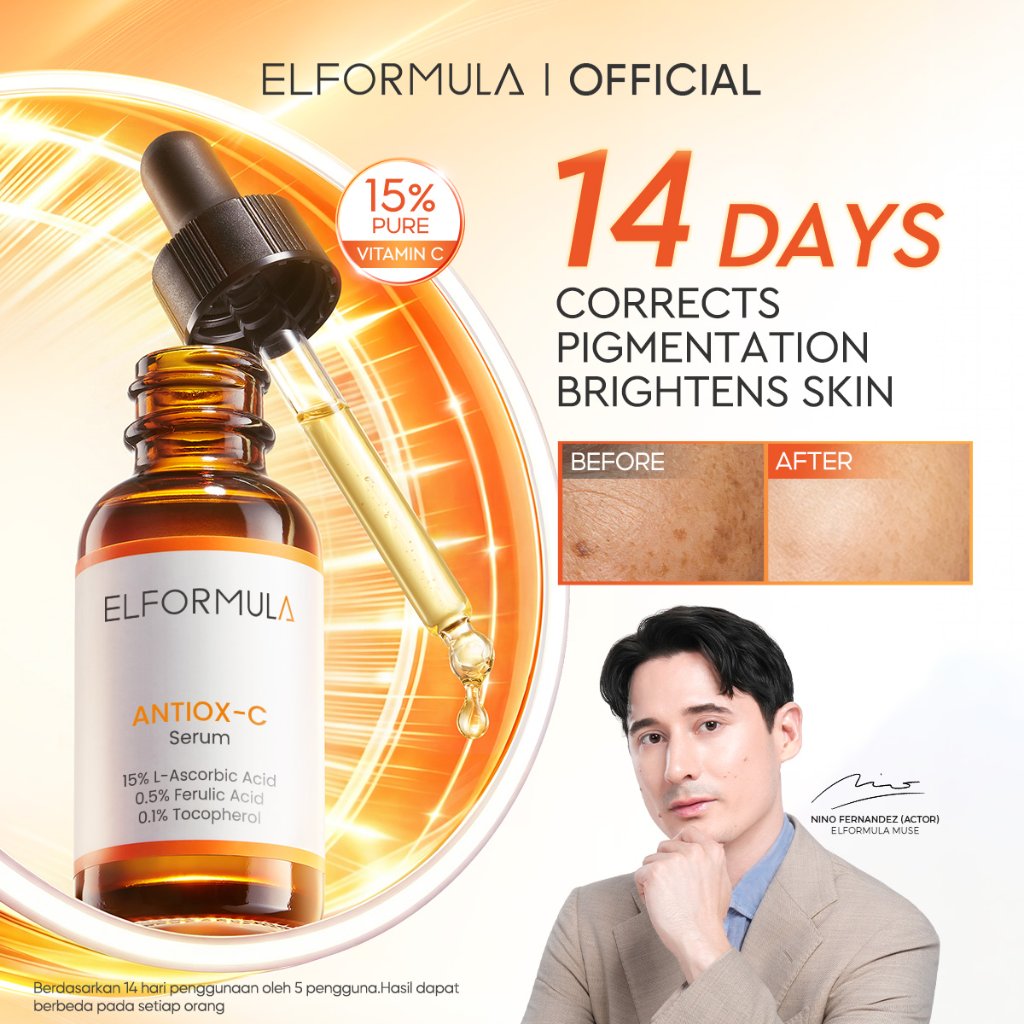 ELFORMULA Antiox-C Serum 15% Pure Vitamin C 30 ML - Antioksidan Skin Brightening Anti Penuaan Dini Anti Aging Mencerahkan Dalam Waktu 14 Hari Vitamin-C Serum Whitening Brightening Dark Spot Cepat Cerahkan Noda Hitam Serum Wajah