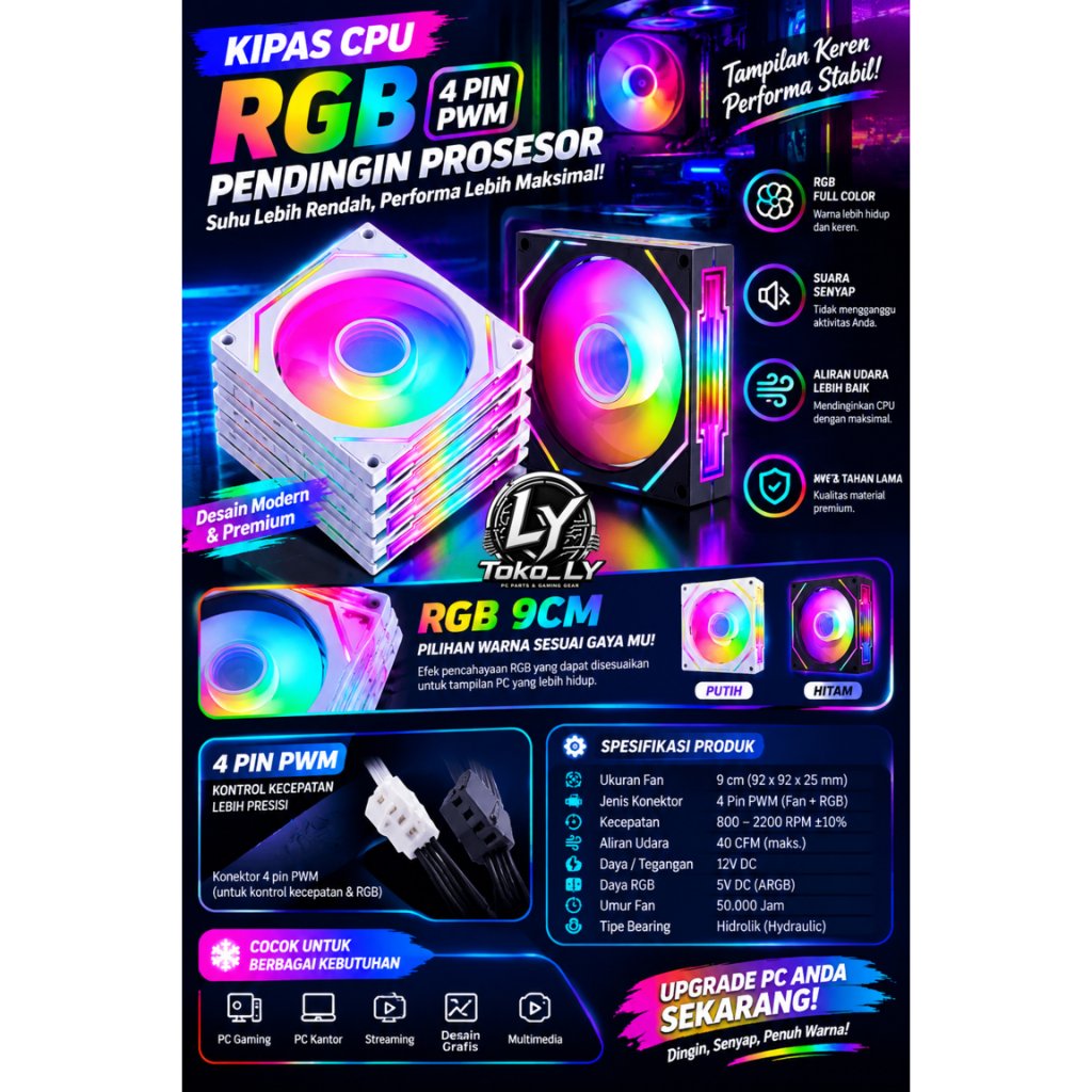 Jual FAN HSF RGB 9CM/ FAN COOLER CASE GAMING PC 9CM - 4 PIN PWM ...