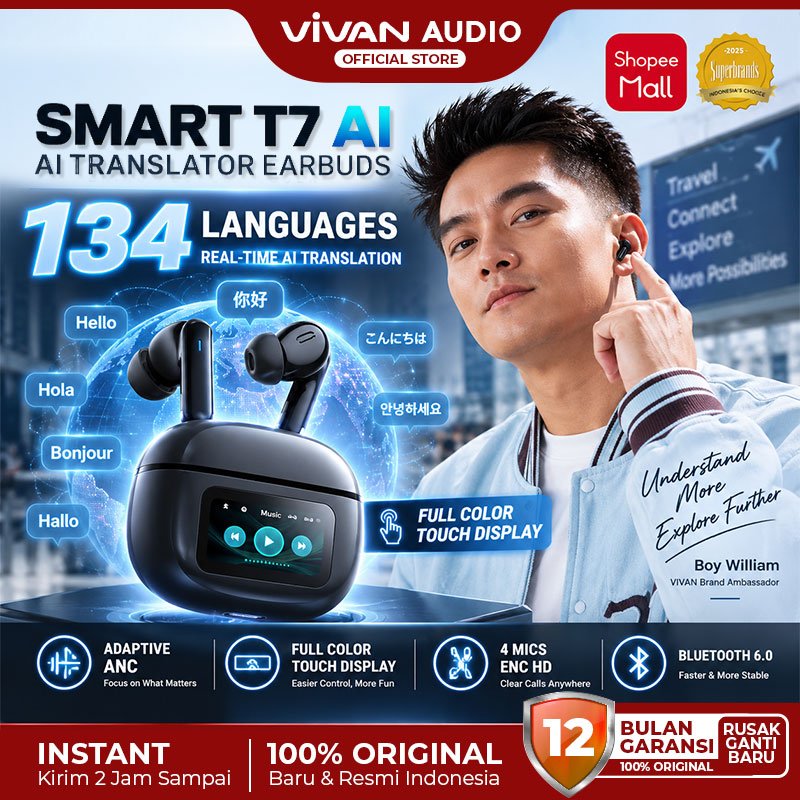 [AI TRANSLATION] VIVAN Touch Screen TWS Adaptive Smart T7 AI Smart Translation Earbuds ANC ENC Bass Up Technology 13mm Bluetooth V6.0 Garansi 12 Bulan
