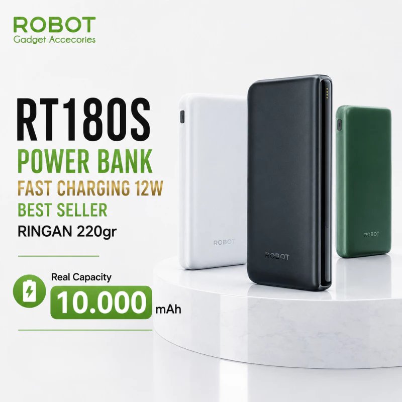 ROBOT Power Bank RT180S Powerbank 10000mAh 3 Output Dual Input Port Type C & Micro USB Original Resmi