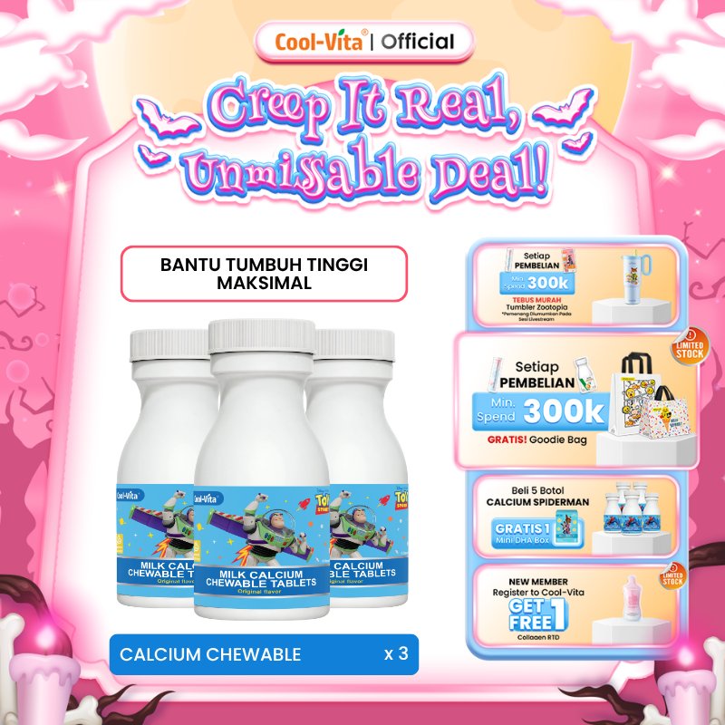 Coolvita Milk Calcium Chewable Tablets Original Flavor 3 Botol isi 90 Tablet - Suplemen Kesehatan Kalsium Kunyah