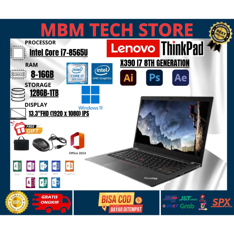 LAPTOP LENOVO THINKPAD X390 I7 8TH TOUCHSCREEN 16GB/1TB SSD WINDOWS 11 FREE MOUSE DAN TAS