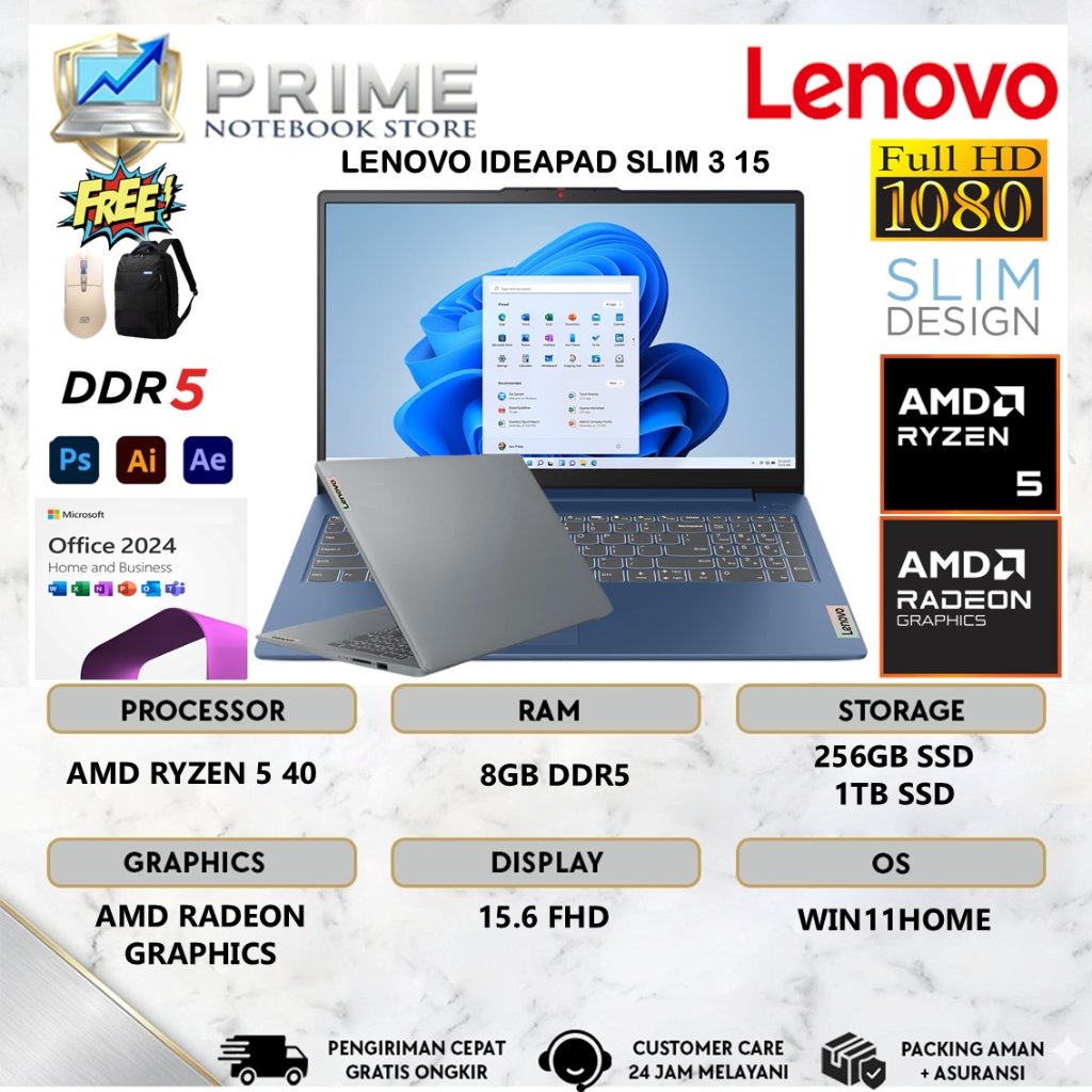 Laptop Lenovo Ideapad Slim 3 15 Amd Ryzen 5 40 8GB DDR5 SSD 1TB 15.6 FHD Windows 11Home