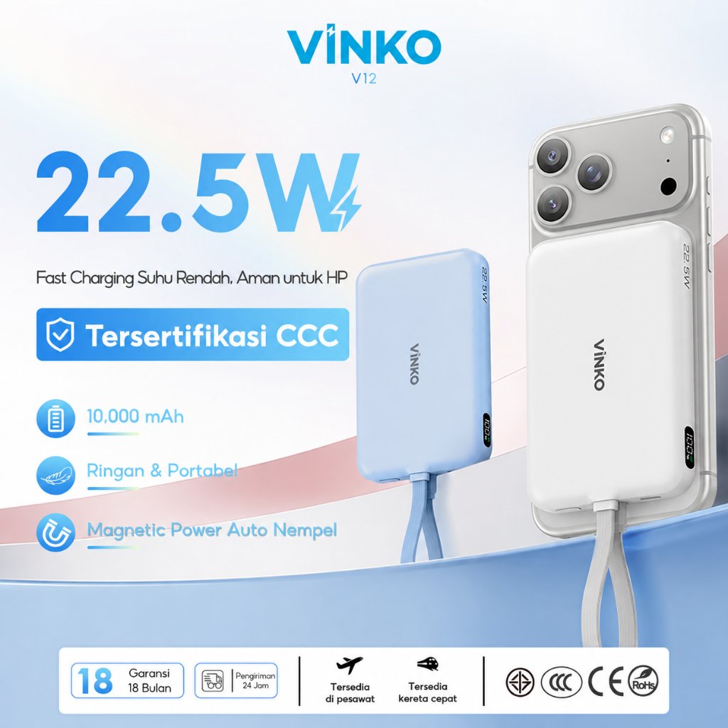 [Tersertifikasi CCC] Vinko V12 Fast Charging Wireless Magnetic  Powerbank dengan Type C cabel 10000mAh 22.5W Fast Charging + 15W kompatibel untuk MagSafe  Travel & Bisnis | PD3.0, QC3.0, AFC, FCP, Samsung, Iphone, Huawei | Tampilan LED & Kontrol Suhu NTC