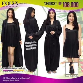 FOLVA Kimono Set Baju Tidur Satin 1340BSET Hitam All Size