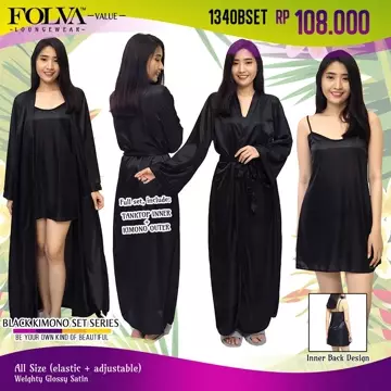 FOLVA Kimono Set Baju Tidur Satin 1340BSET Hitam All Size