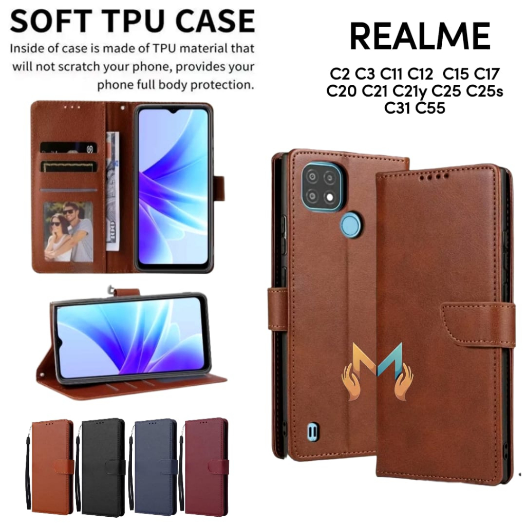 Case Realme C2 C3 C11 C12 C15 C17 C20 C21 C21y C25 C25s C31 C55 Flip Casing  Dompet Kulit Buka Tutup