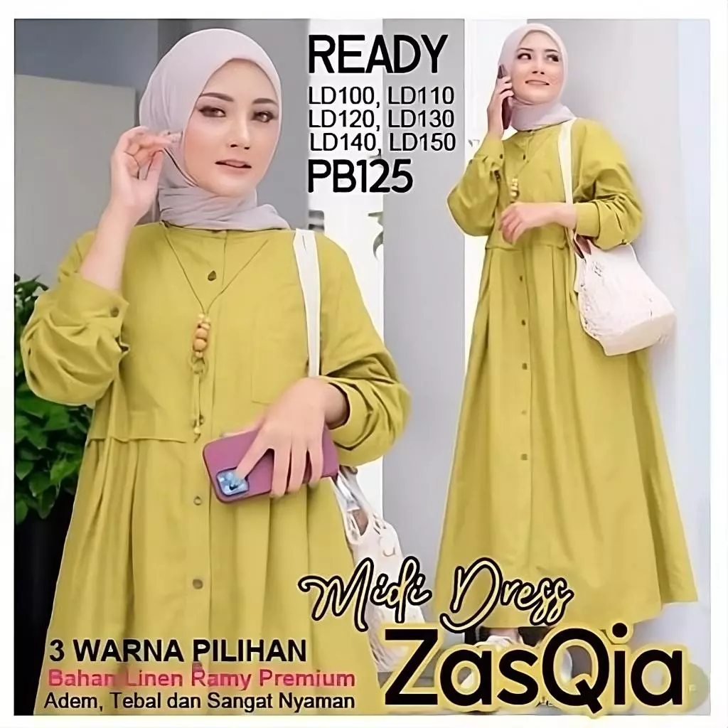 Midi Dress Zasqia gamis linen tampilan keseluruhan