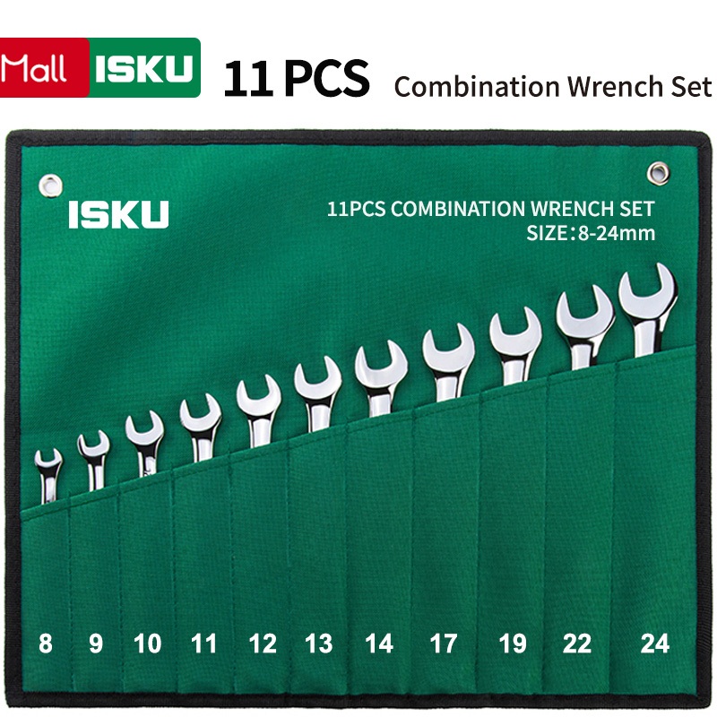 ISKU Kunci Ring Pas Set 11pcs 8-24mm/dengan tas penyimpanan Kunci Ring Set Tools
