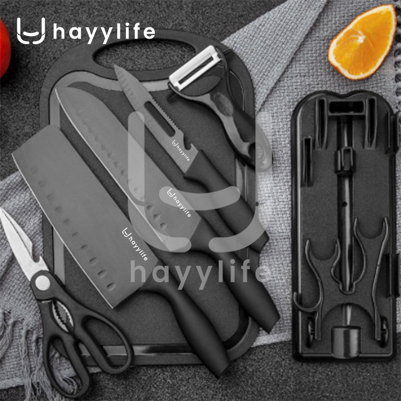 HAYYLIFE Black Knife 7 in 1 Set FREE Talenan,Tatakan Pisau HL-AAC609