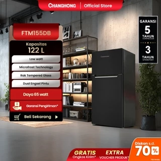 Changhong  Kulkas 2 Pintu  (Refrigerator) Lemari Es  Kapasitas 122 Liter FTM155DB Black (Semi Auto Defrost) (Kulkas Minimalis Design Korean Look) (Kulkas Fleksibel) (Kombinasi Pendingian Dan Pembekuan) ( Kulkas Temperred Glass)