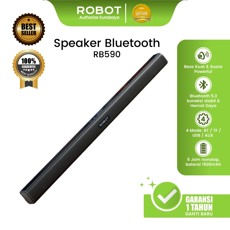 ROBOT Speaker Soundbar Bluetooth TV Speaker Mini Bass 10W Super Stereo Portable Dual Driver TWS Bluetooth 5.3 Support TF Card/USB/AUX Playtime 5 Jam Audio Theater Rumah Terbaik RB590