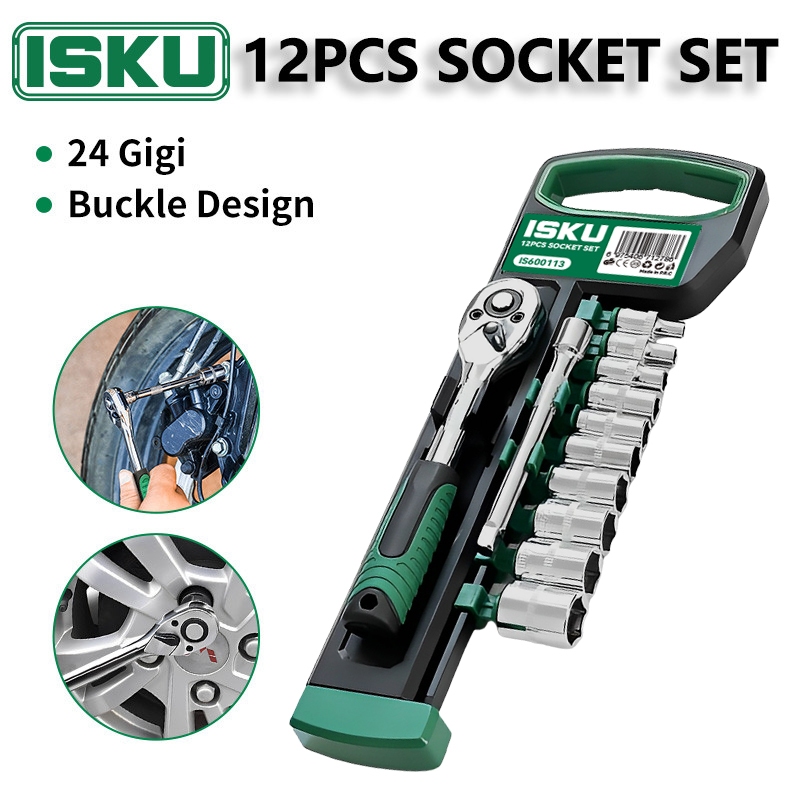 Isku Kunci Socket Ratchet Set 12 Pcs 1/4 Inch 24gigi 4-14mm Mata Sok Set Bahan Chrome Vanadium