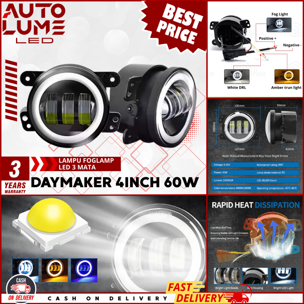 AUTOLUME - SEPASANG Lampu Foglamp LED Motor Mobil 4 Inch 3 Lensa 60W Putih Kuning - Offroad - Garansi 3 Tahun