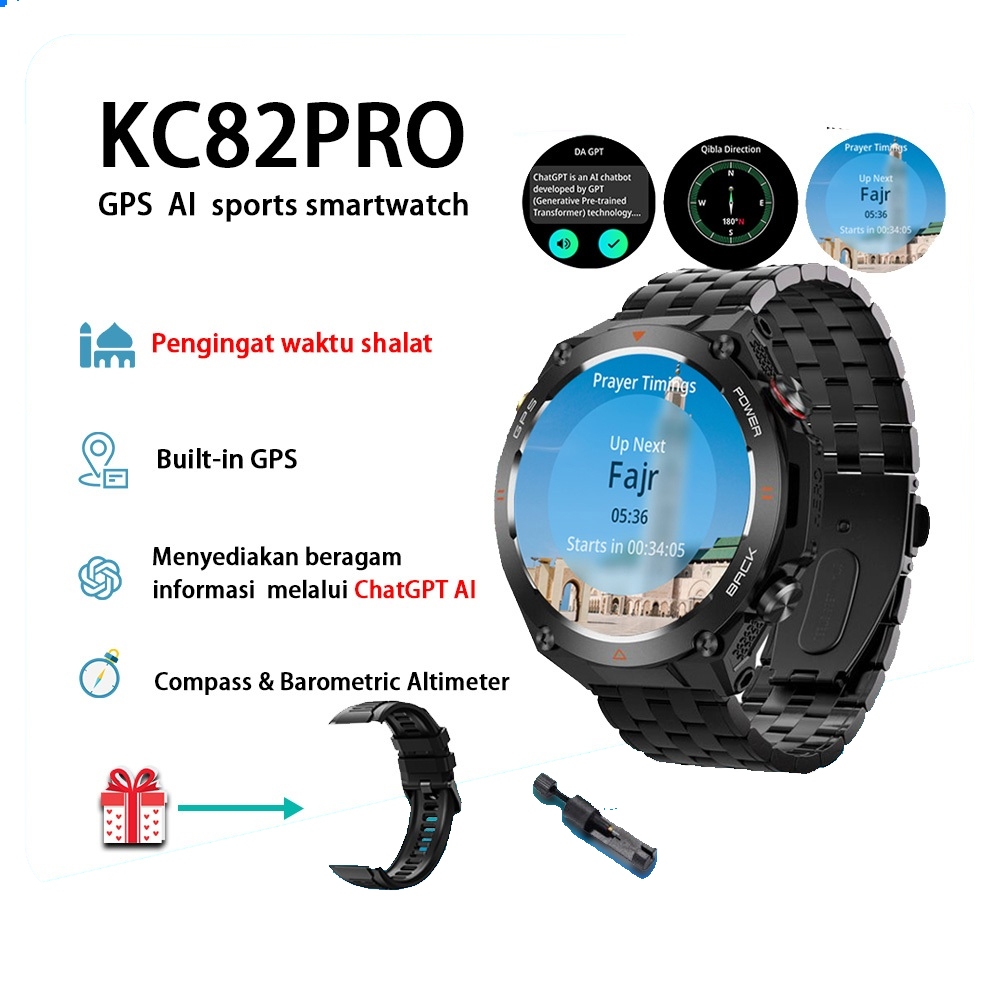 TIMEVER KC82PRO AI chatGPT Adzan Reminder Muslim GPS Jam Tangan bluetooth  call smartwatch ketinggian tekanan udara dan kompas fitness tracker