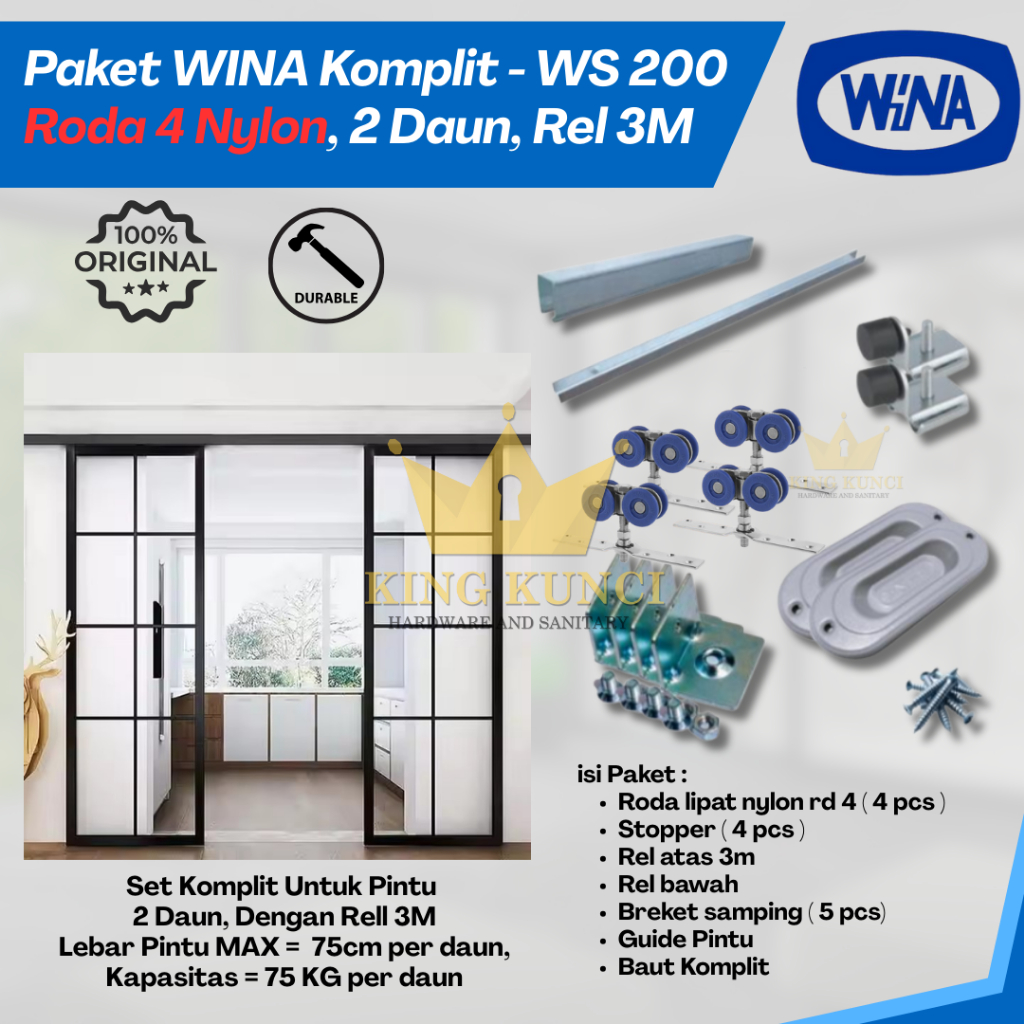 Jual Rel Pintu Sliding Geser WINA ORIGINAL Paket Komplit Lengkap 1 Daun ...