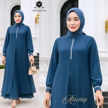 Arumy Gamis Trendy Muslim Model Ceruty Babydoll Full Puring Payet Swarovski Simple Elegan
