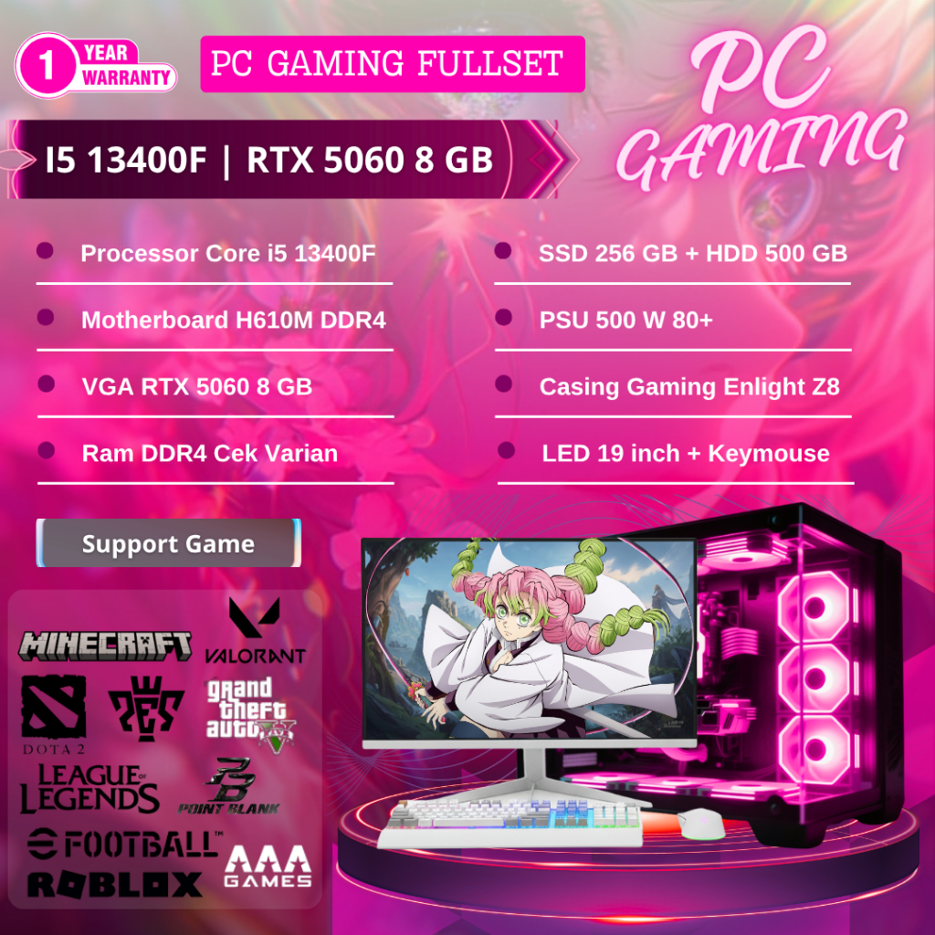 Jual PC Gaming Fullset Intel Core i5 13400F | RTX 5060 8GB | SSD 256GB ...