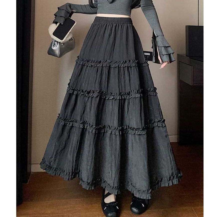 Jual Long Skirt Maxi Dress Rok Panjang Wanita Aksen Susun Empat Bahan ...