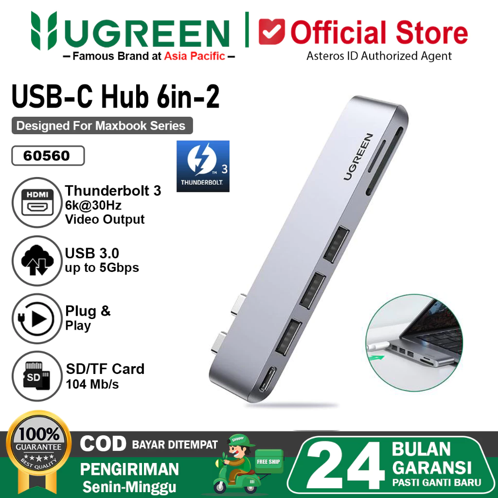 UGREEN HUB Macbook 6 In 2 Multiport Thunderbolt USB 3.0 HDMI SD TF Card 80856