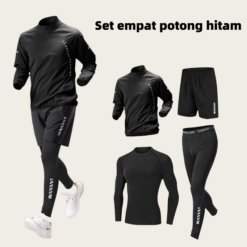 FLEXAURA setelan olahraga pria 4 in 1 quick dry dengan jaket reflektif dan celana elastis