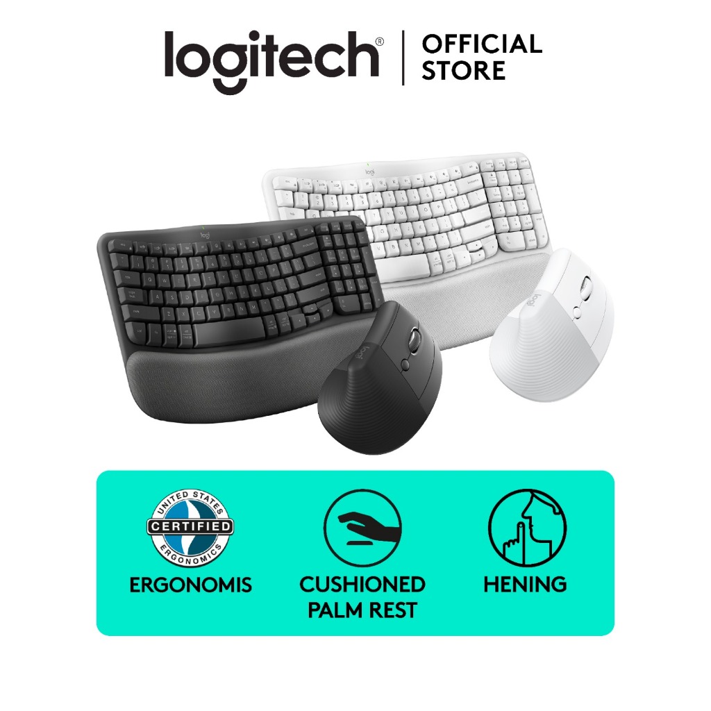Logitech COMBO Wave Keys & Mouse Vertikal Lift Logitech - Keyboard dan Mouse Nirkabel Ergonomis - dengan Penyangga Telapak Tangan Empuk, Easy-Switch, 