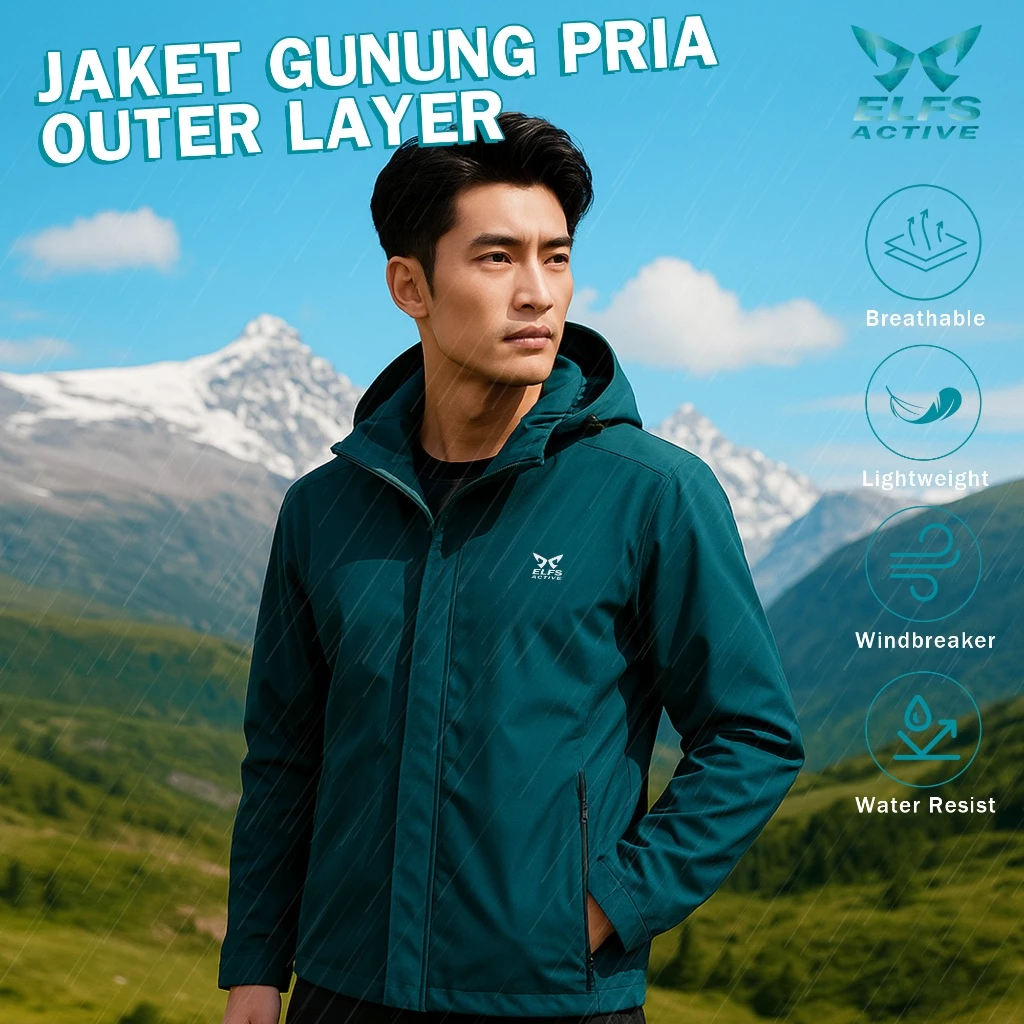 Elfs Active Jaket Gunung Pria Outer Layer Detachable Hood WaterResist Hiking UL