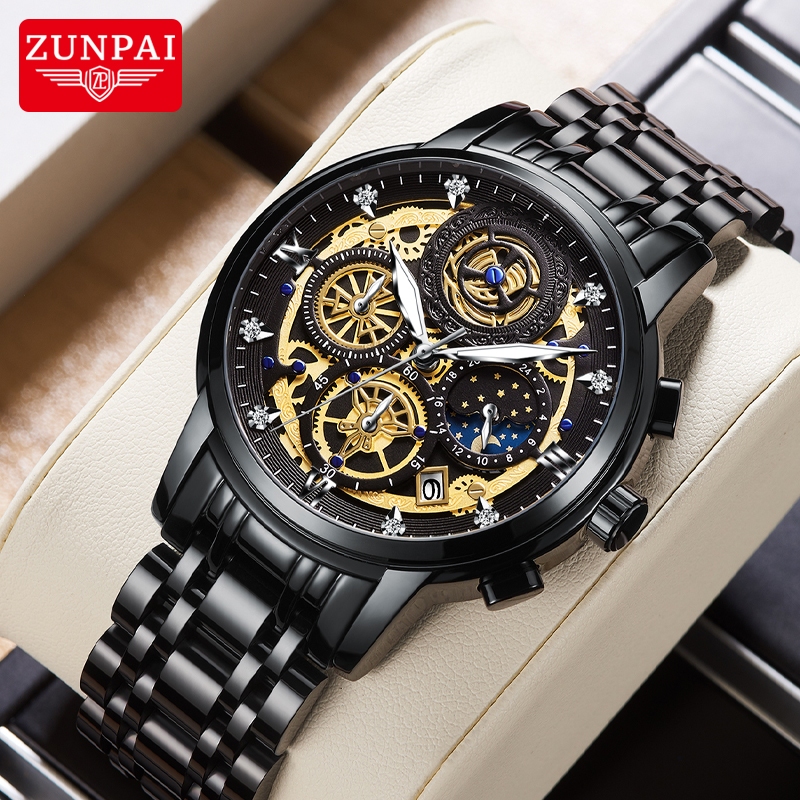 ZUNPAI Jam Tangan Pria Asli Anti Air Baja Tahan Karat Bisnis Bercahaya  Kronograf Fashion Multifungsi Jam Pria Kotak Hadiah Set Watch Men