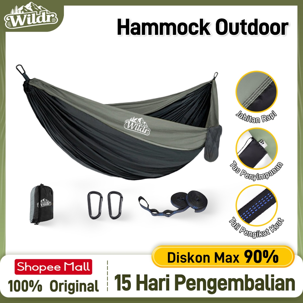 Wildr Hammock Gantung Outdoor Single / Tempat Tidur Gantung - Bahan Parasut Lembut & Kuat Tahan 200kg, Ringan, Portable. Cocok untuk Camping, Hiking, Backyard,Gratis Tas