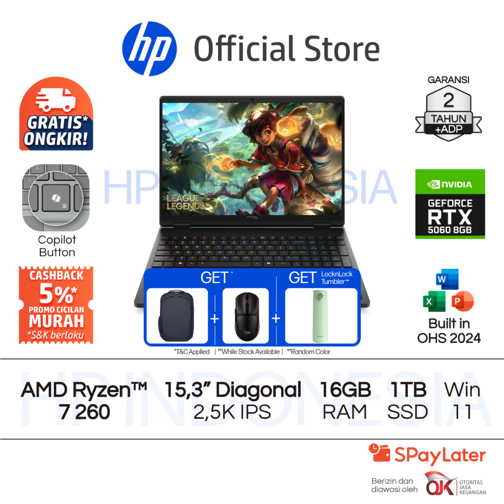 HyperX OMEN Laptop Gaming AMD Ryzen 7 NVIDIA GeForce RTX 5060 16GB RAM 1TB SSD Shadow Black Free Windows 11 Home 15.3 Inch 180Hz Garansi 2 Tahun Promo Murah Gratis Ongkir Official Non Second [Exclusive Free LocknLock]