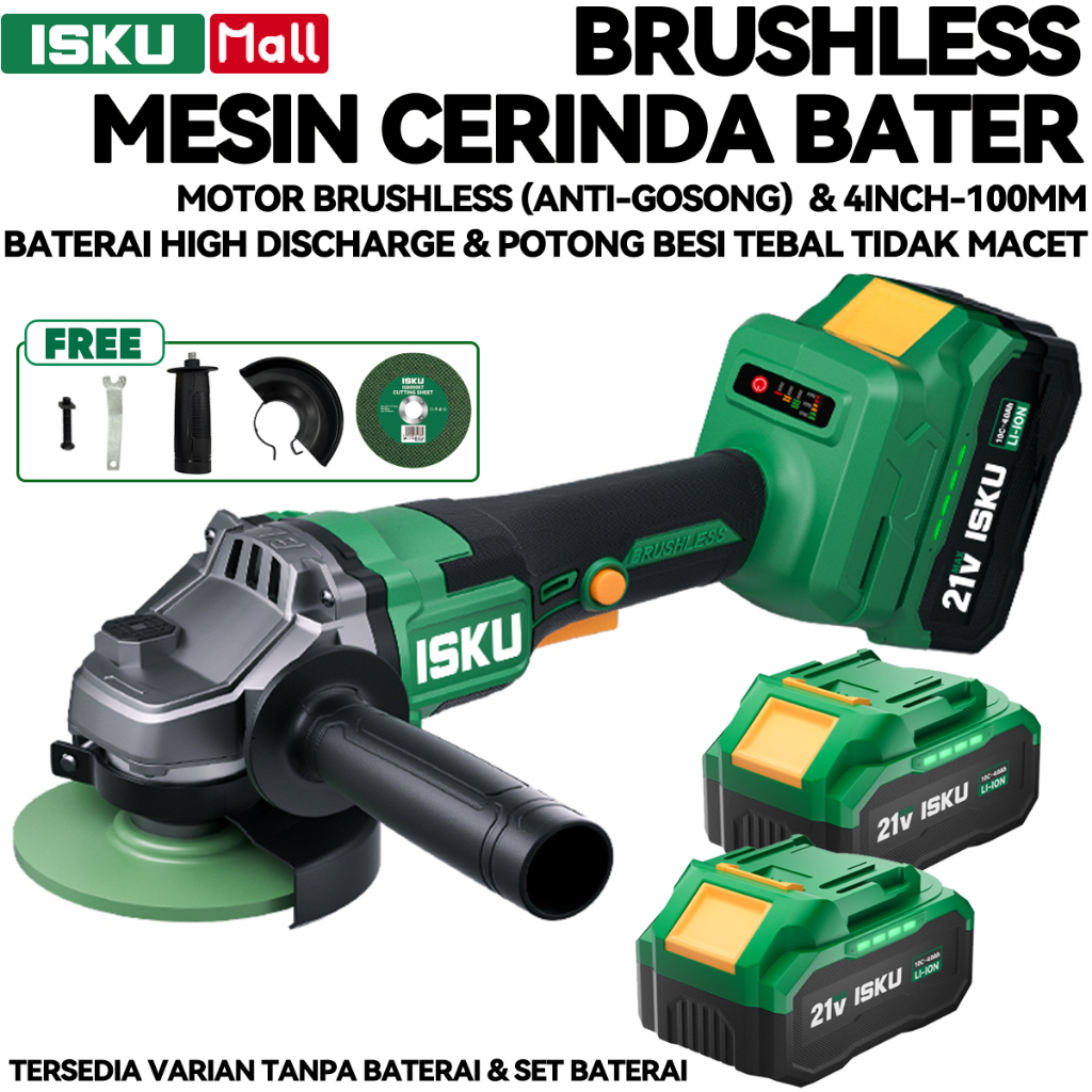ISKU Gerinda Cordless Brushless 21V Mesin Gerinda Tangan Baterai 4 Inch Potong Besi Baja Keramik Alat Bengkel Las Pertukangan Anti Gosong Torsi Kuat Baterai 10C 4Ah Heavy Duty Pemoles Mobil Motor Gerinda Potong Serbaguna Tahan Banting