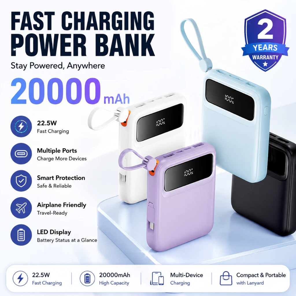 HZSUM LENTIVEN 20000mAh Powerbank Mini Fast Charging With 4 Kabel Lightning Type C Micro For Iphone Android BH263 - foto 1