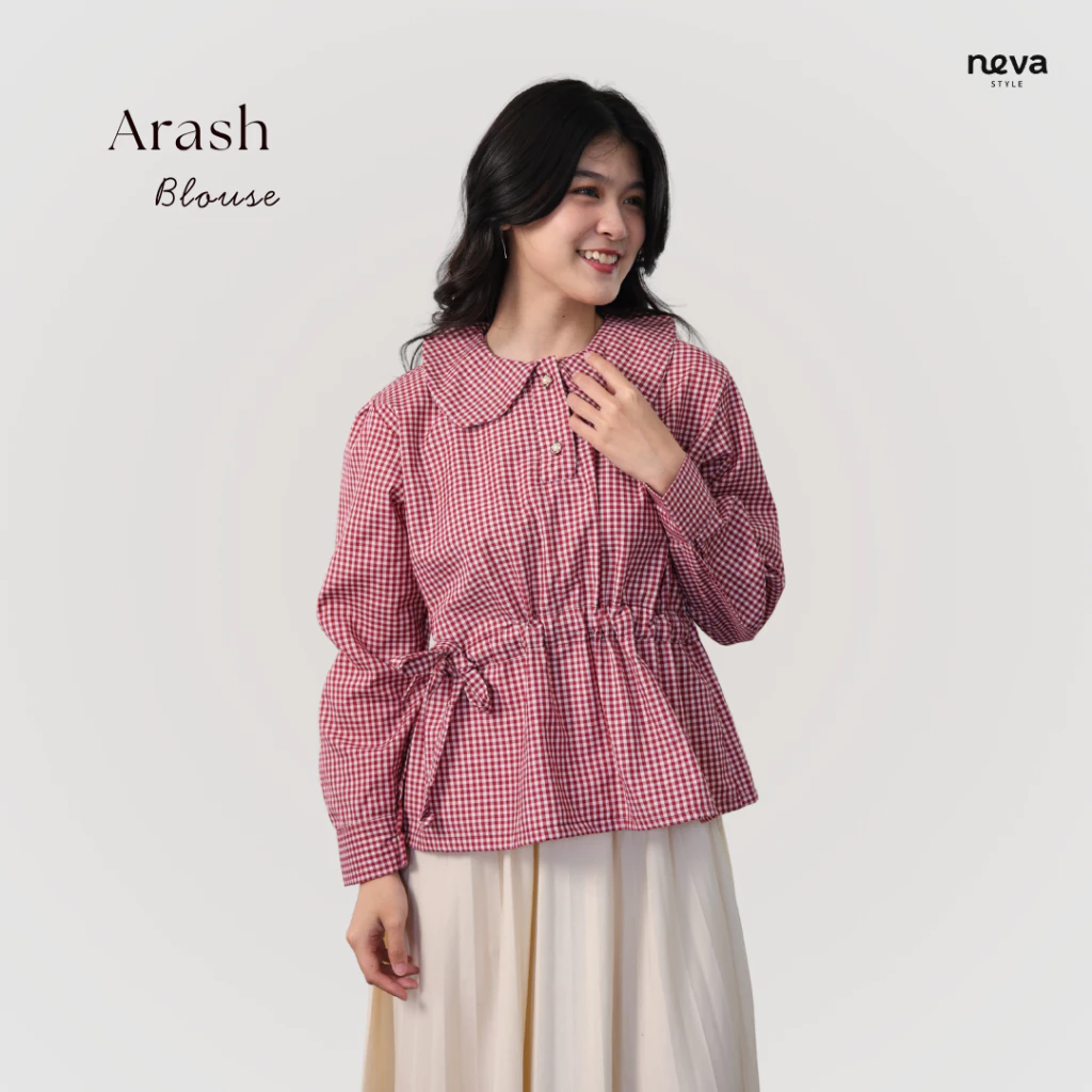 Neva Style - Arash Blouse Ruffle Motif Kotak - Kotak / Blouse Wanita Lengan Panjang / Atasan Cewek Casual Modis Fashionable Outfit Simple dan Kekinian