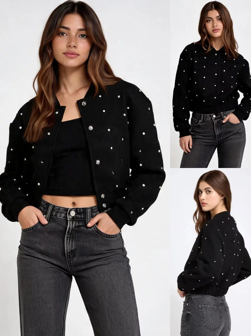 Jaket Bomber Elegan Full Manik Batu Berkilau ONT Studded Rhinestone-Embellished Bomber Jacket - 2783