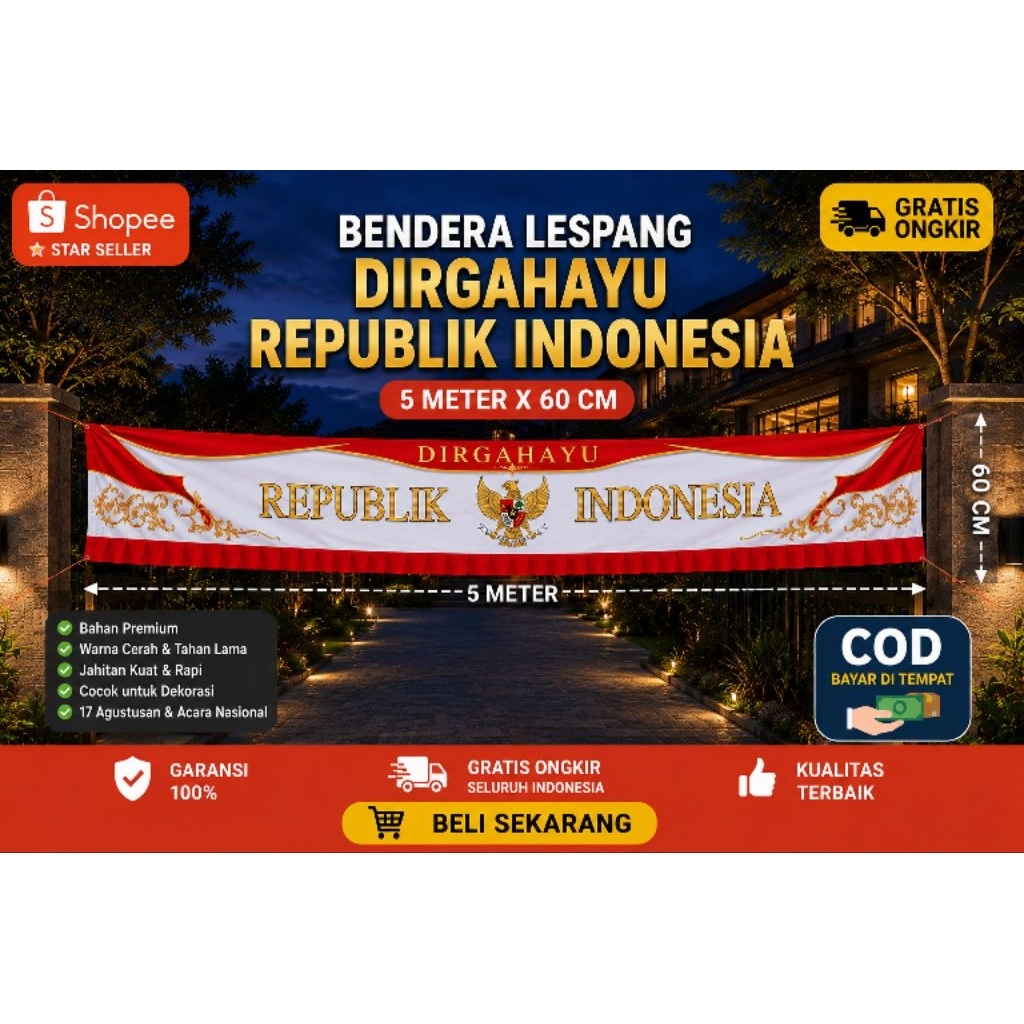 Bendera Lespang Dirgahayu Republik Indonesia | Bendera Renteng HUT RI 17 Agustus | Tulisan Emas | Ukuran 5M Lebar 60 cm