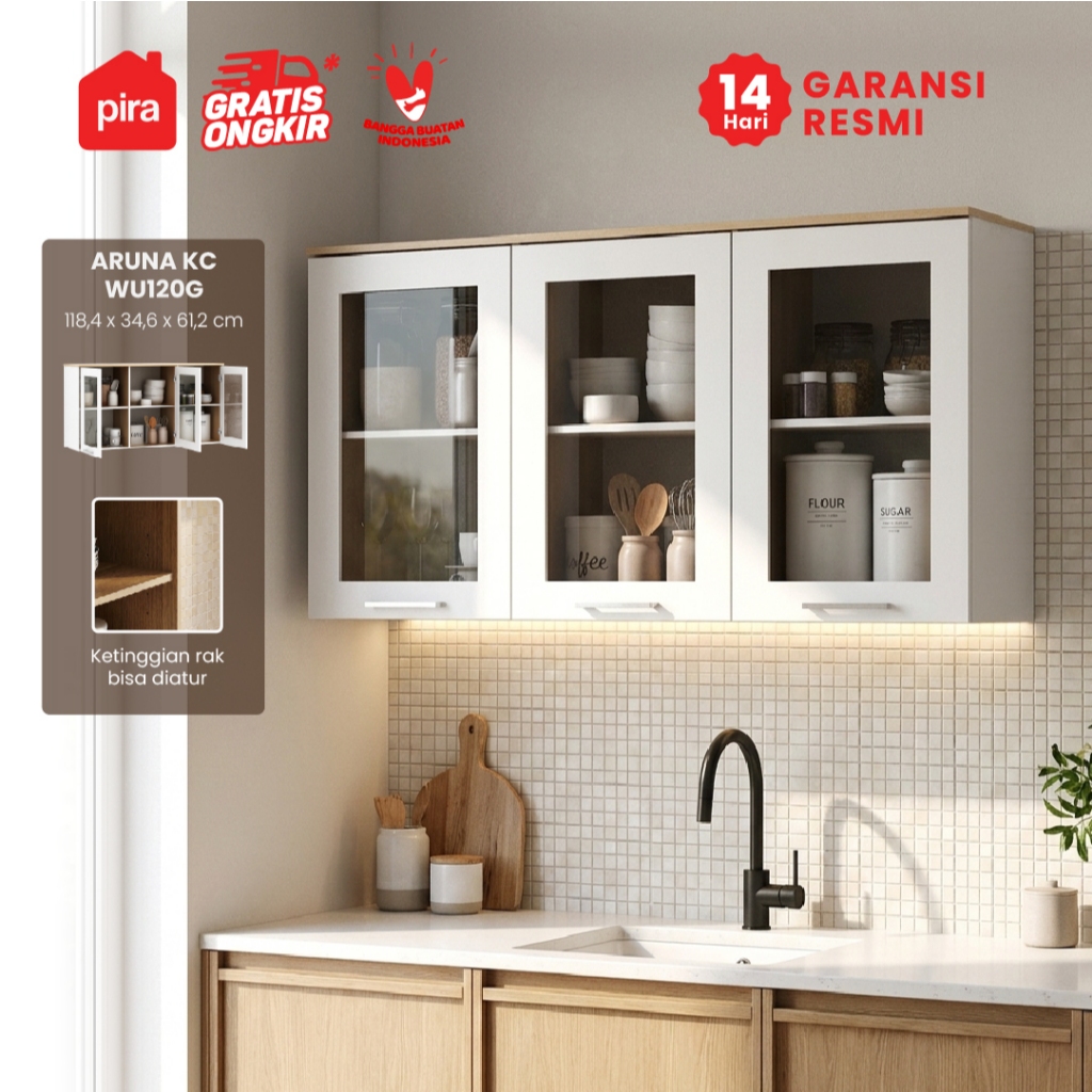 PIRA METROPOLIS OX -  ARUNA KC WU120G Rak Dapur / Rak Gantung Dapur / Kitchen Set Atas 3 Pintu Kaca